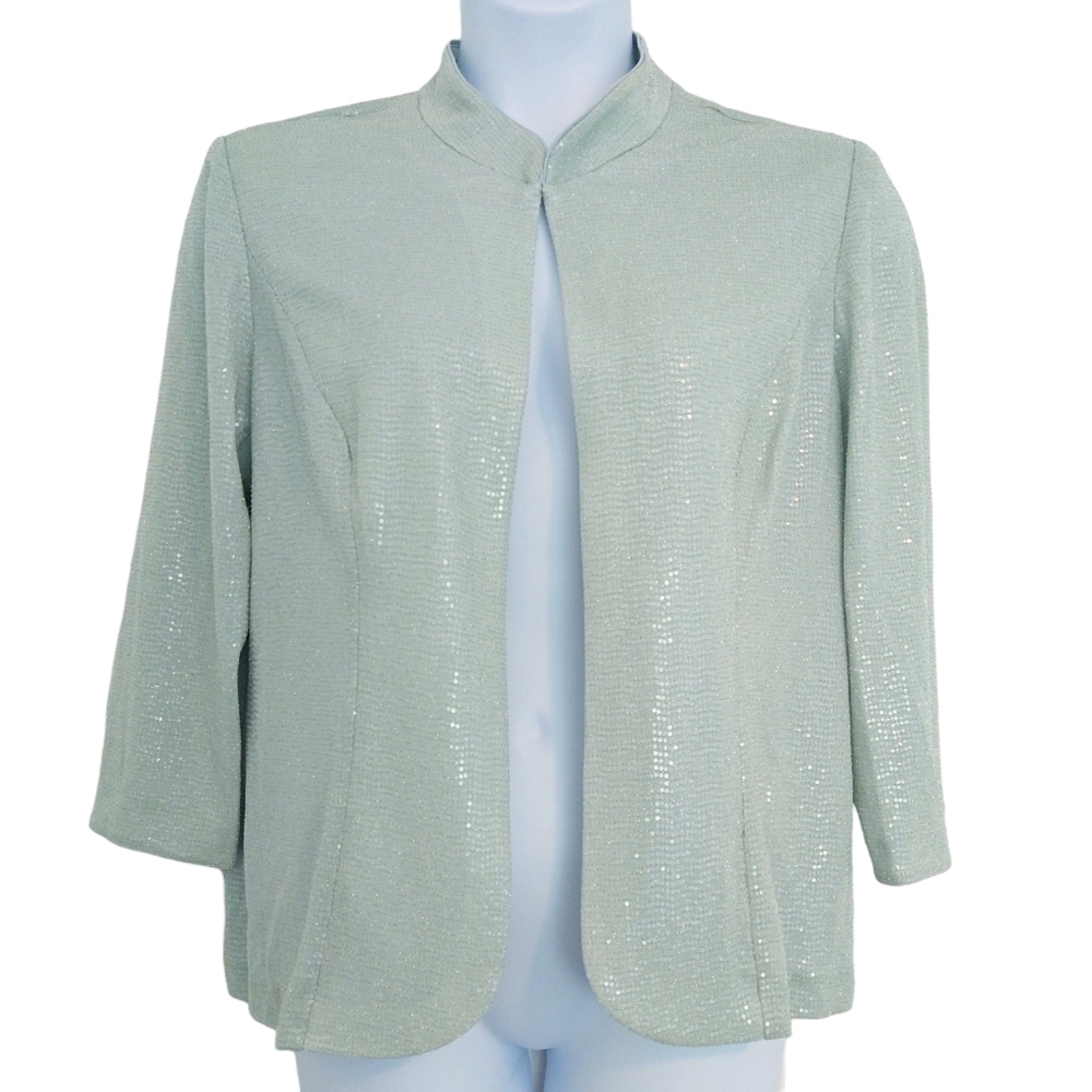 Alex Evenings Mint Green Sequin Shimmering Lightweight 3/4 Sleeve Jacket Elegant
